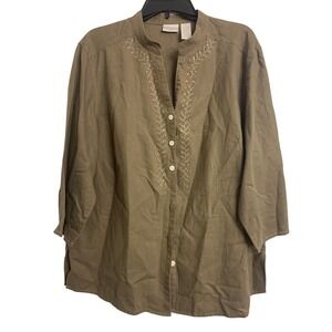 Erika Woman Linen Cotton Embroidered Sequin Blouse Olive Brown 1X 3/4 Sleeve